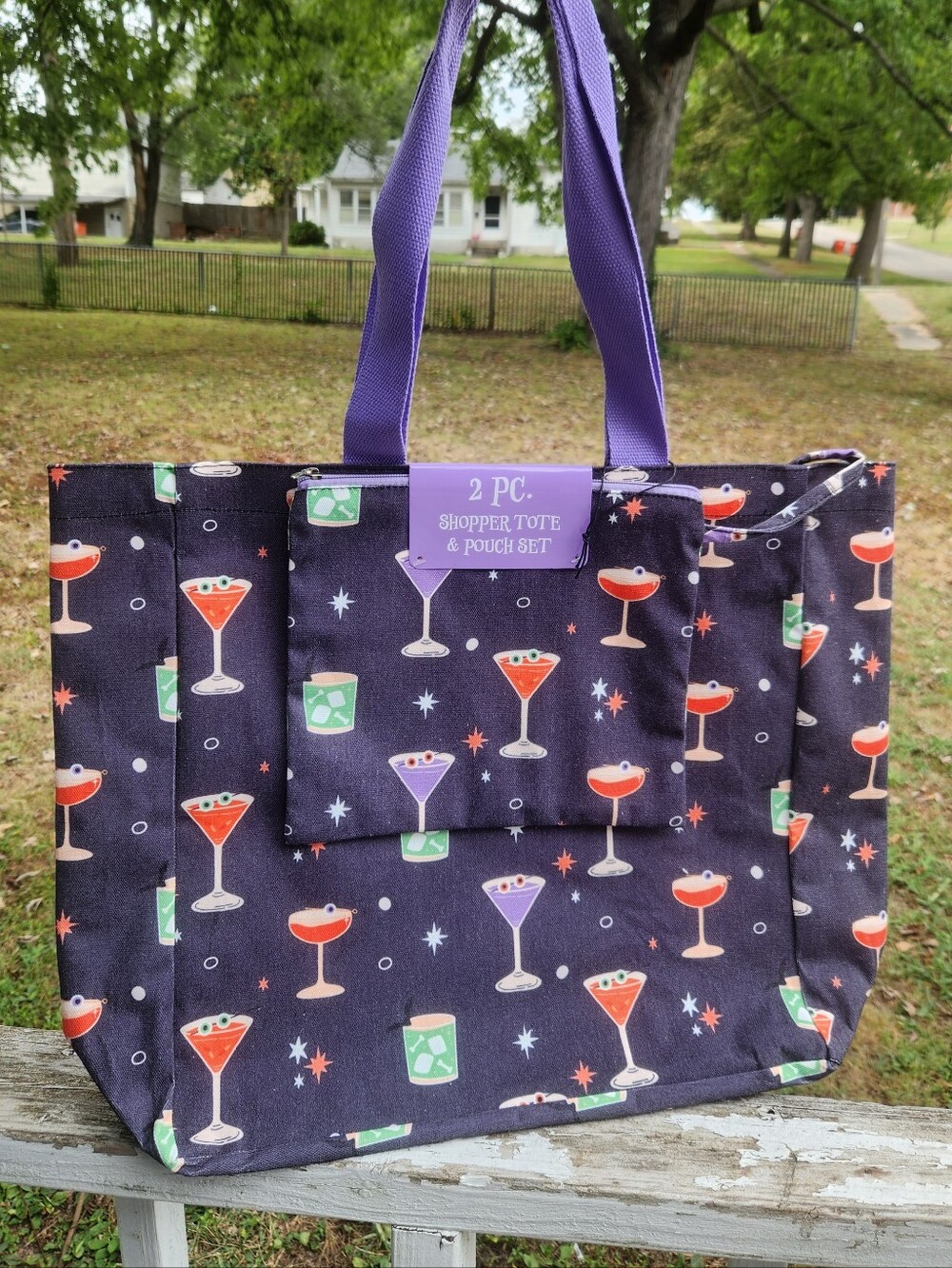 "Midnight Margaritas" 2-Piece Purple Cocktail Print Shopper Tote & Pouch NWT